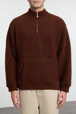 TRENDYOL MAN Koyu Kahverengi Oversize/Genis Kesim Fermuarl? Pelus Sweatshirt TMNAW25SW00107 - Trendyolmilla фото 3