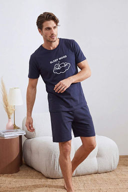 Lacivert Regular Kesim Yaz_ Bask_l_ Pamuklu Pijama Tak_m_ TMNSS26PT00024
