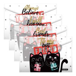 Цена за 1 шт. Набор из 4 папок-конвертов на кнопке пластиковых ErichKrause® Feline Friends, A4, ассорти