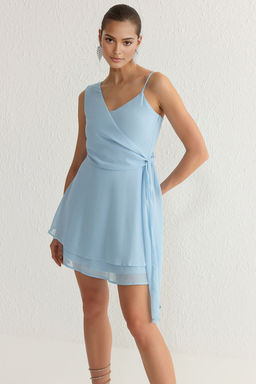 TRENDYOLMILLA Ac?k Mavi Astarl? Sifon Dokuma K?sa S?k Elbise TPRSS25EL00007  фото 2