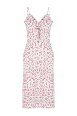 Ekru Cicek Bask?l? Burumcuk Belden Ac?lan/Skater Ask?l? Midi Orme Elbise TWOSS23EL01454 - Trendyolmilla фото 7