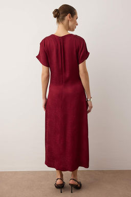 Bordo Duz Jakarl? Midi Dokuma Elbisesi TWOAW26EL00311