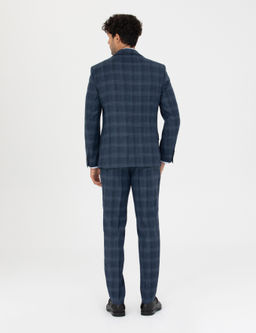 %100 Y_n Ekose Lacivert Ekstra Slim Fit Tak_m Elbise