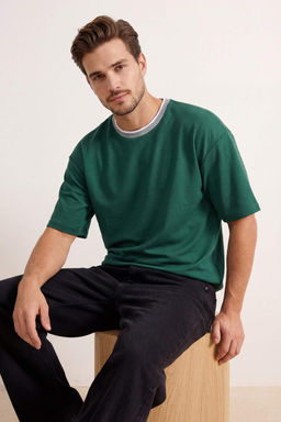 Haki Oversize/Genis Kesim Triko Bantl? Dokulu Pike T-Shirt TMNSS23TS00079