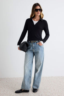 A__k Mavi %100 Pamuk Y_ksek Bel Bilek Boy Wide Leg Jeans TWOAW27JE00094