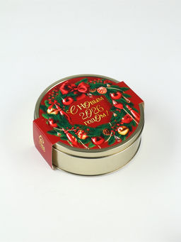 Подарочный набор новогодний С Новым 2026 годом в железной банке: чай, монпансье, варенье, открытка