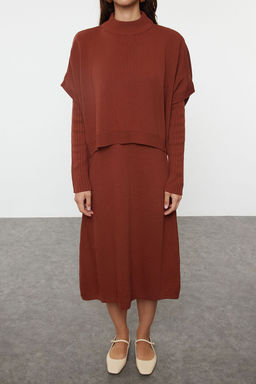 TRENDYOLMILLA Bej Genis Kal?p Midi Triko Suveterli Elbise TWOAW24EL00012  фото 14