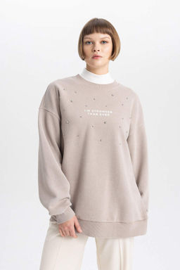 Плотный потертый свитшот с эффектом выцветания Relax Fit с круглым вырезом - Defacto фото 3