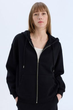 Okula Donus Relax Fit Kapusonlu Kal?n Basic Duz Cepli Fermuarl? Sweatshirt
