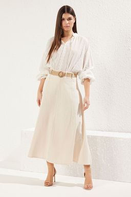 TRENDYOLMILLA Bej Kemer Detayl? Keten Maxi Boy A-line Maxi Boy Dokuma Etek TWOSS25ET00071