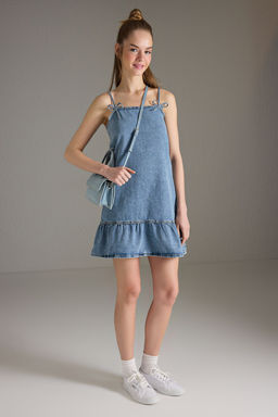 Trendyolmilla Ac?k Mavi Fiyonk/Kurdele Detayl? Etegi Volanl? Mini Denim Elbise TWOSS25EL00736