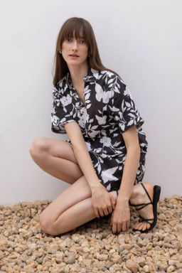 Gomlek Yaka Desenli Terry Cotton Mini K?sa Kollu Elbise