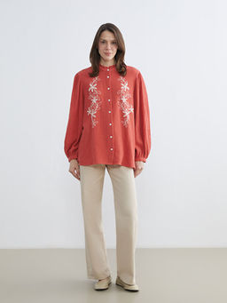 F?rf?rl? Hakim Yaka ?i?ek Nak??l? Oversize Bluz