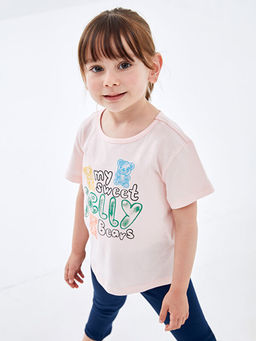 Bisiklet Yaka K?sa Kollu Bask?l? K?z ?ocuk Ti??rt ve Tayt 2li Tak?m