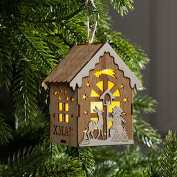 Ёлочная игрушка Домик с оленем и снеговиком, 11х8х7 см, от батареек, свечение тёплое белое