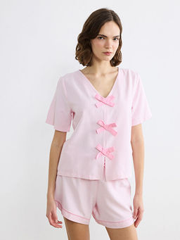 V Yaka ?izgili Kad?n ?ortlu Pijama Tak?m?