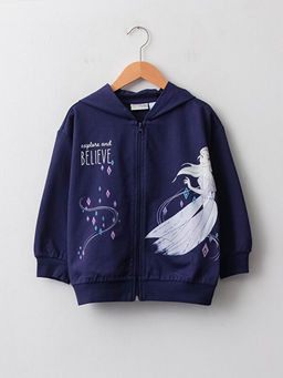 Kap??onlu Elsa Bask?l? Uzun Kollu K?z ?ocuk Fermuarl? Sweatshirt