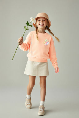Ac?k Turuncu Pamuklu Cicekli K?z Cocuk Regular Orme Sweatshirt TKDAW25SW00020