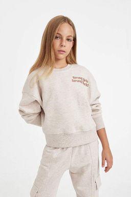 Толстовка с короткими рукавами и круглым вырезом для девочек с принтом и надписью - Defacto фото 3