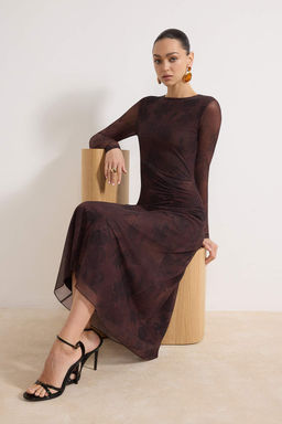 Kahverengi Soyut Buzgu / Drape Maxi Orme Elbise TWOAW25EL00408