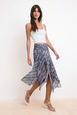 Mavi Sifon Ekoseli/Kareli Midi Asimetrik Astarl? Etek TWOSS26ET00104