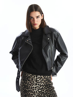 Biker Yaka Kad?n Deri G?r?n?ml? Ceket