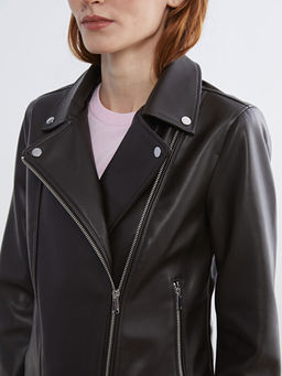 Biker Yaka Kad?n Deri G?r?n?ml? Ceket