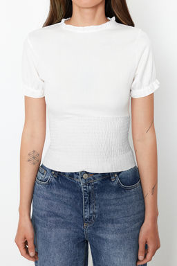 Beyaz Gipeli Dik Yaka Burumcuk/Dokulu Esnek Orme Bluz TWOSS24BZ00513 - Trendyolmilla фото 4