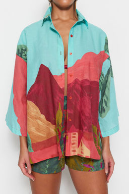 Manzara Desenli Dokuma %100 Pamuk Plaj Gomlek-Sort Tak?m TBESS22AU0040