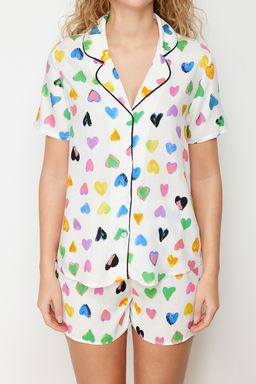Cok Renkli Kalpli Biye Detayl? Viskon Sortlu Dokuma Pijama Tak?m? THMSS24PT00120
