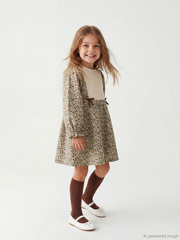 Bisiklet Yaka ?i?ekli Kadife K?z ?ocuk Elbise