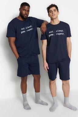 TRENDYOL MAN Buyuk Beden Lacivert Regular Fit Rahat Slogan Bask?l? Orme Sortlu Pijama Tak?m? TMNSS23PT00013 - Trendyolmilla фото 9