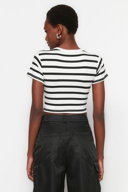 Trendyolmilla Premium Ekru-Ekru Kahverengi Cizgili 2li Paket Viskoz Crop Esnek Orme Bluz TWOSS23BZ00194  фото 17