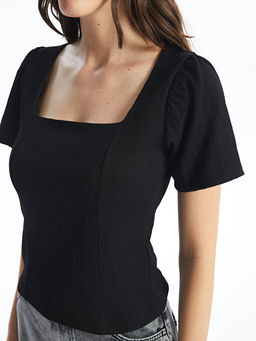 Kare Yaka D?z K?sa Kollu Crop Kad?n Bluz