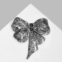 Брошь «Бант» узорчатый, цвет бело-синий в чернёном серебре МИКС