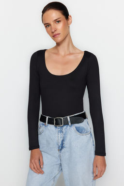 TRENDYOLMILLA Siyah Slim C?tc?tl? Havuz Yaka Uzun Kollu Yumusak Kumasl? Esnek Orme Body TWOAW24BD00031  фото 2