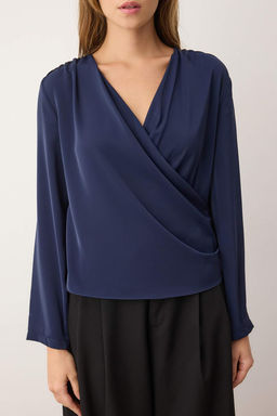 Lacivert Kruvaze Saten Dokuma Bluz TWOAW24BZ00423
