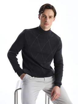 Bal?k?? Yaka Uzun Kollu Desenli Erkek Triko Kazak