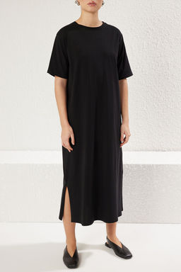 TRENDYOLMILLA Koyu Kahverengi %100 Pamuklu Bisiklet Yaka K?sa Kol Midi Orme T-shirt Elbise TWOSS25EL00465  фото 3