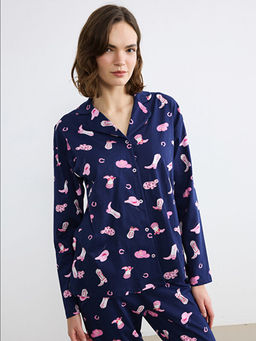 G?mlek Yaka Bask?l? Kad?n Pijama Tak?m