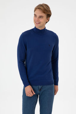 Erkek Slim Fit Bo_azl_ _ndigo Basic Kazak