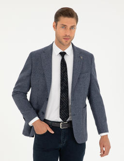 Lacivert Y_n Kar___ml_ Slim Fit Ceket
