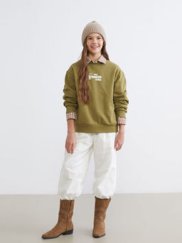 Bisiklet Yaka Bask?l? K?z ?ocuk Kal?n Sweatshirt