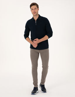 Lacivert Slim Fit K_vr_lmaz Fermuarl_ Polo Yaka Basic Pike Sweatshirt