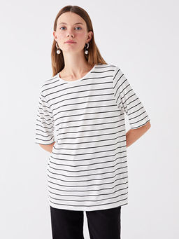 Bisiklet Yaka ?izgili K?sa Kollu Kad?n Ti??rt