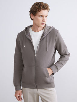 B?y?k Beden Kap??onlu Uzun Kollu Erkek Fermuarl? Sweatshirt