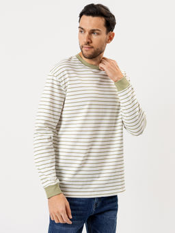 Свободная хлопковая тельняшка мужская в бело-оливковую полоску оливковая полоска на молочном 121811