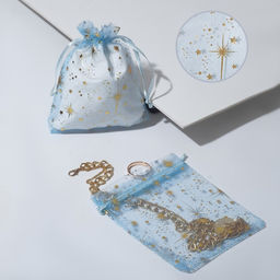 Цена за 100 шт. Мешочек подарочный Звёзды сказочные, 10 х 12, цвет голубой с золотом