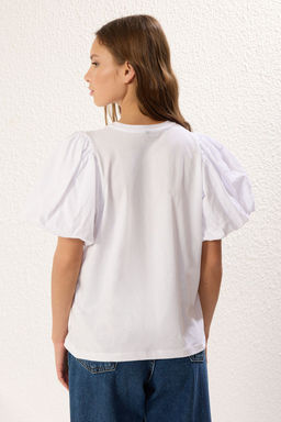 TRENDYOLMILLA Ac?k Mavi %100 Pamuk Balon Kol Detayl? Regular/Normal Kal?p Orme T-Shirt TWOSS25TS00064 фото 5