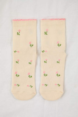 Ekru-Pembe Pamuklu Cicekli Kayd?rmaz Yoga/Pilates Orme Corap THMAW26CO00019